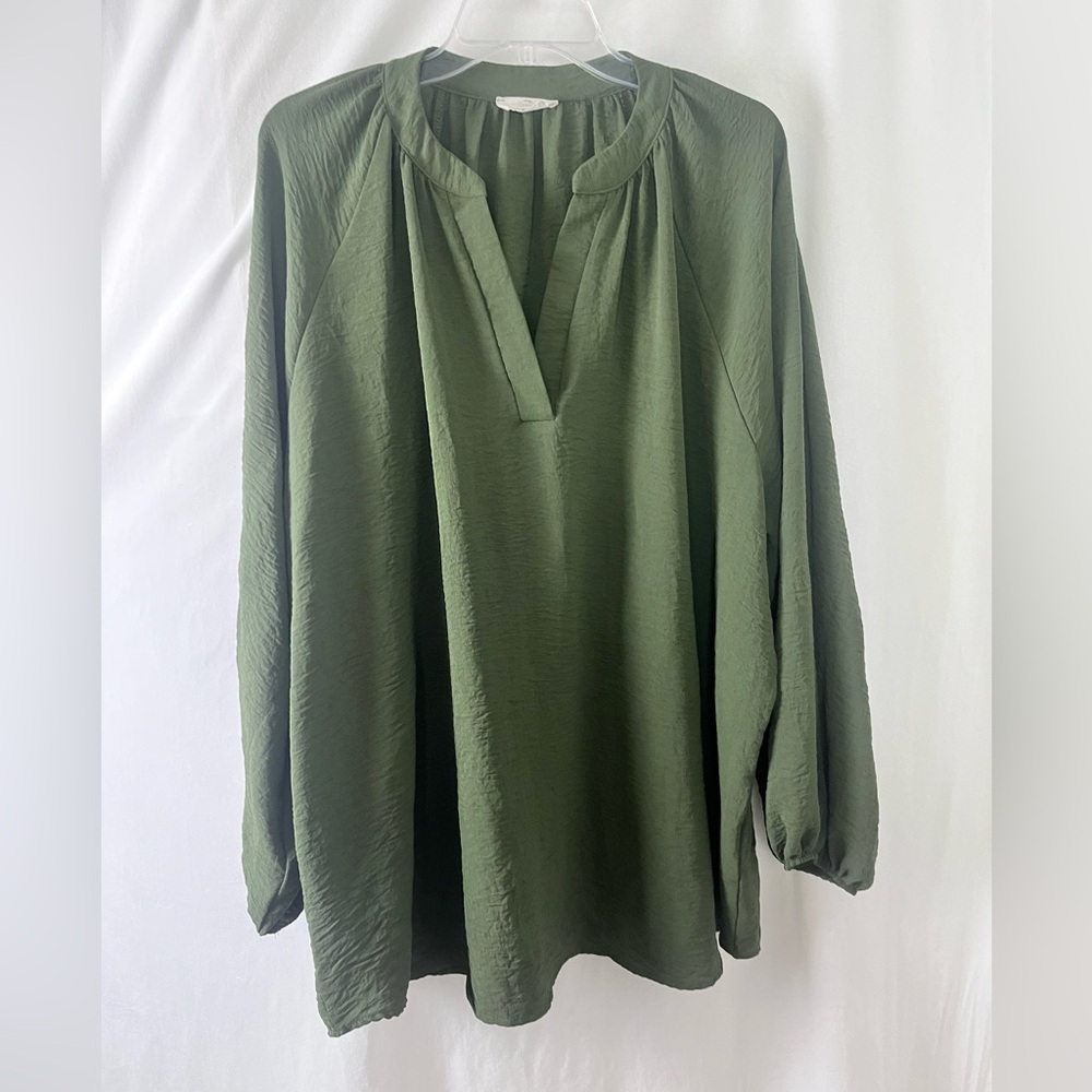 Anthropology Entro Olive Green Bishop Sleeve Top‎ Blouse Women’s Size 2XL